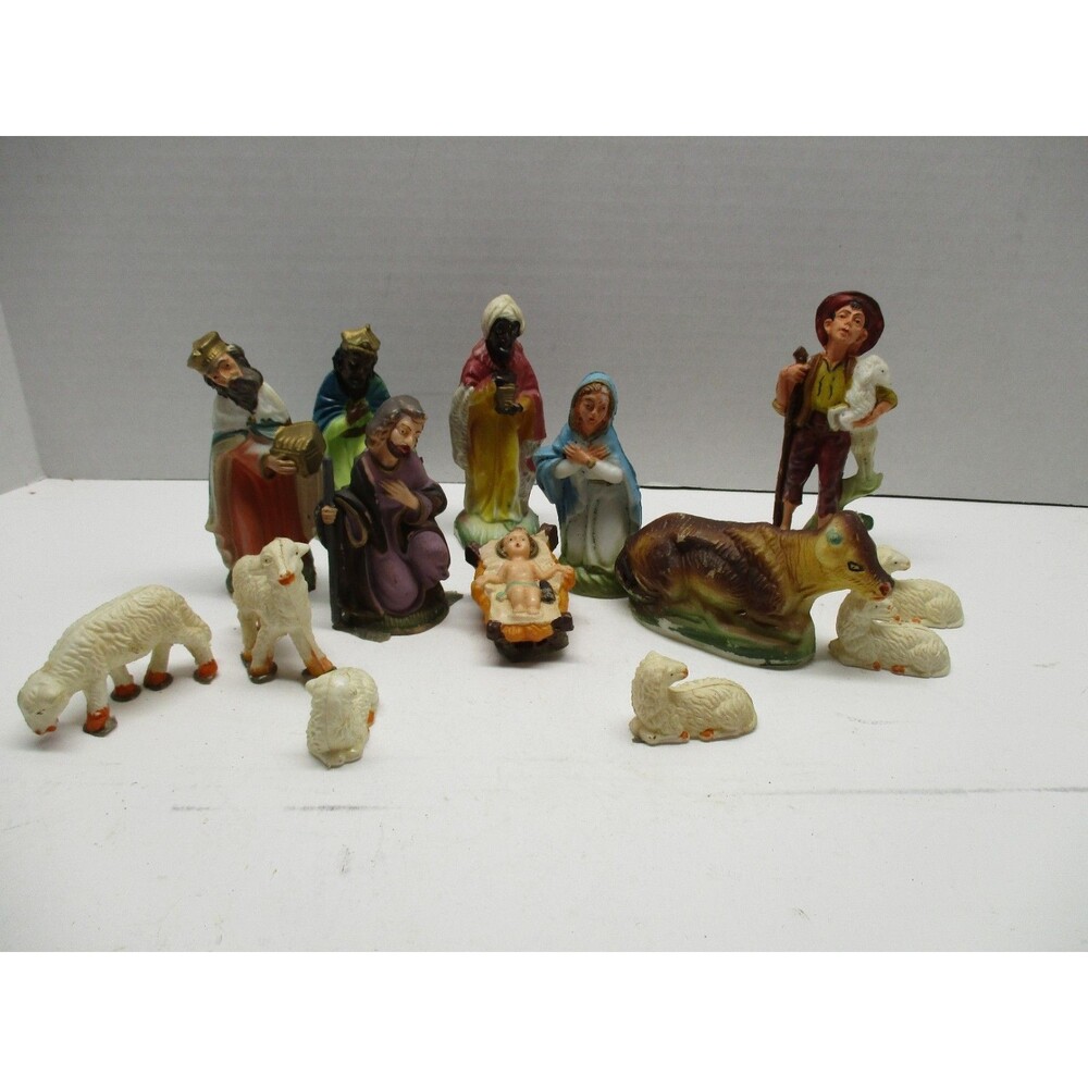 Vintage Plastic Celluloid Nativity Set Figurines Lot Of 14